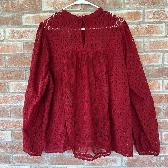 Torrid Mixed Lace High Neck Blouse Women’s 2 2XL Red Long Sleeves NEW - Picture 5 of 12